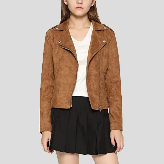 Women's Stylish Notched Collar Oblique Zip Suede Leather Moto Jacket - AMSEL LEATHERS