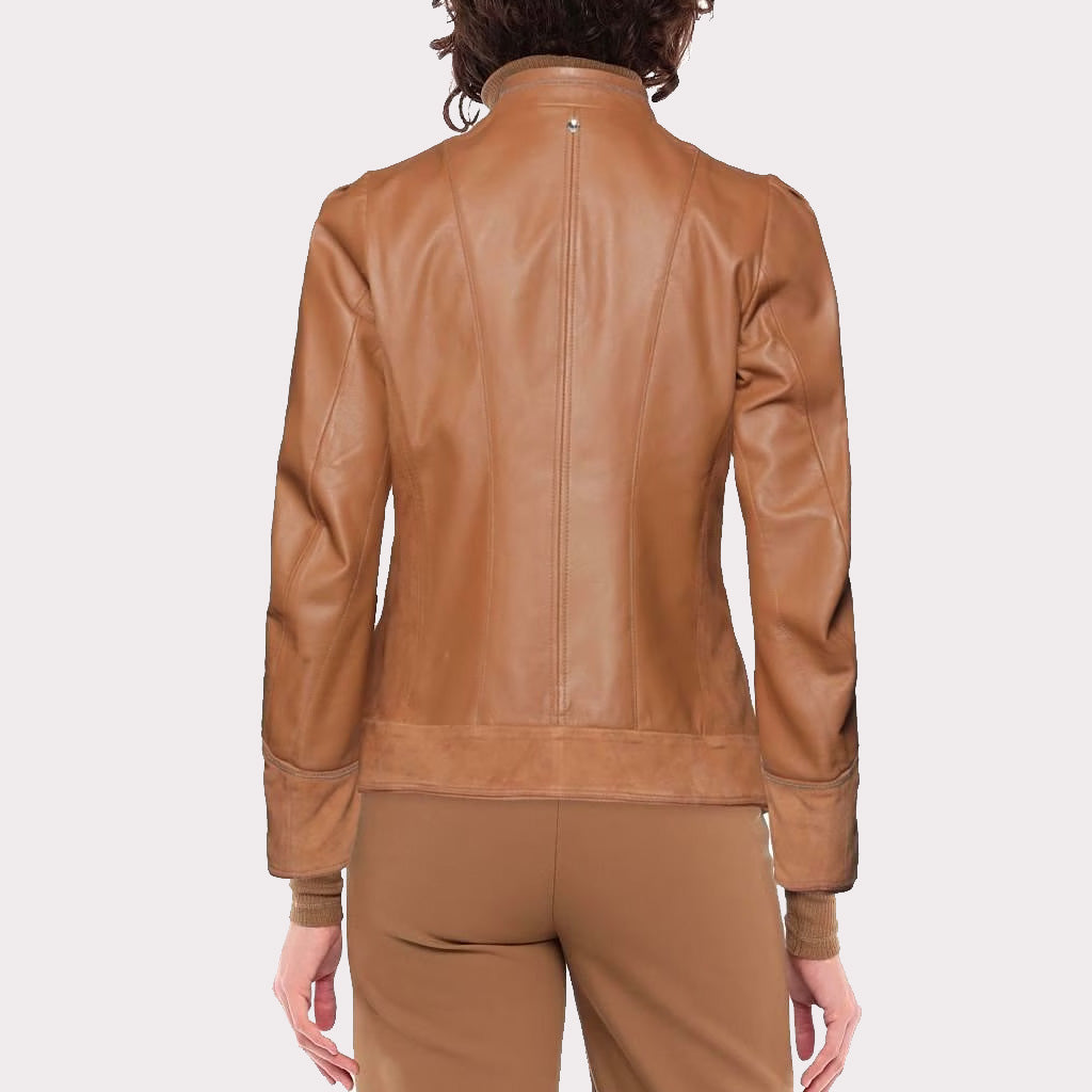 Women's Single-Breasted Leather and Suede Jacket with Mandarin Collar - AMSEL LEATHERS