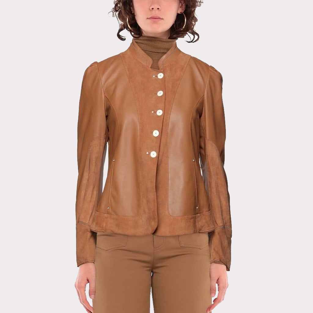 Women's Single-Breasted Leather and Suede Jacket with Mandarin Collar - AMSEL LEATHERS