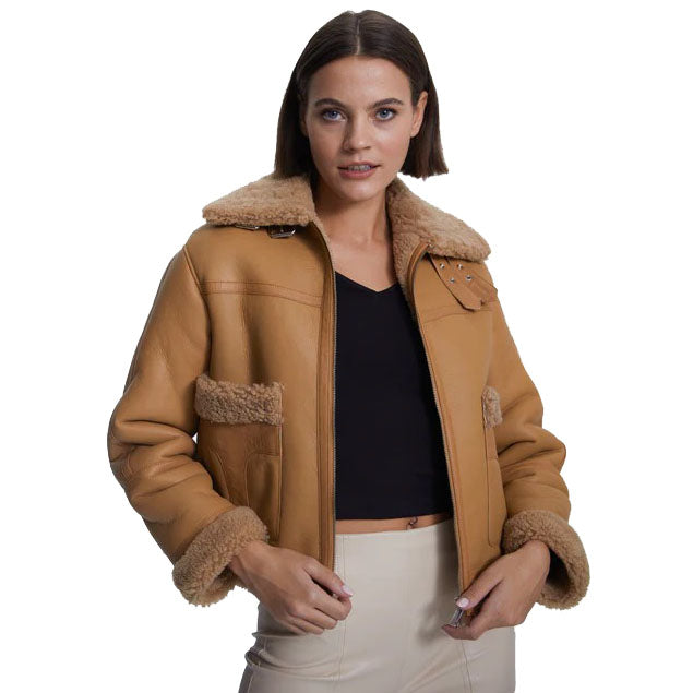 Women's Suede Shearling Jacket with Mink Curly Fur - AMSEL LEATHERS