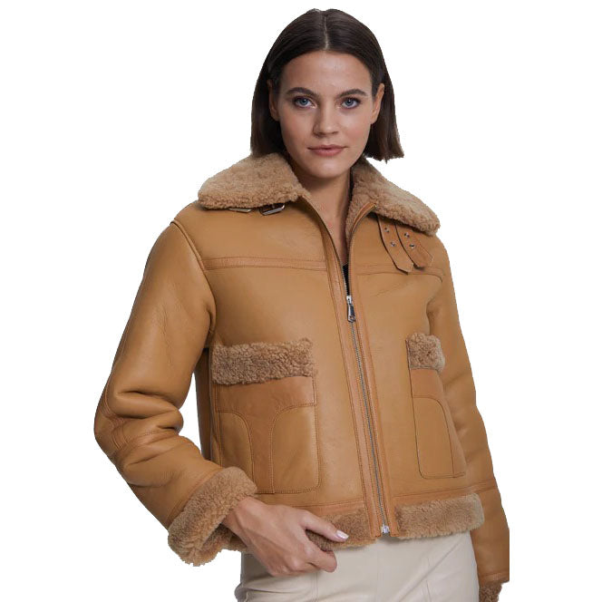 Women's Suede Shearling Jacket with Mink Curly Fur - AMSEL LEATHERS