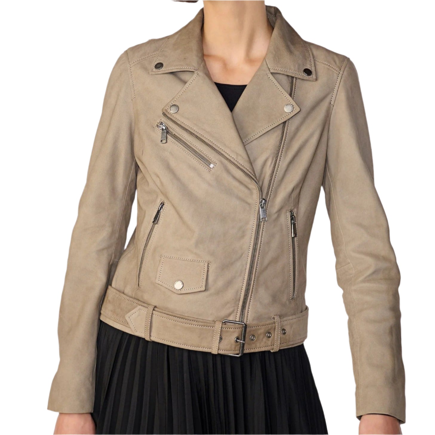 New Women's Tan Beige Suede Biker Leather Jacket - AMSEL LEATHERS