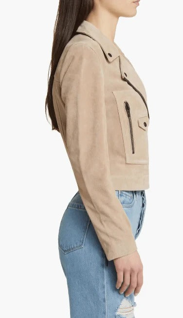 Women's Tan Beige Suede Biker Leather Jacket - AMSEL LEATHERS