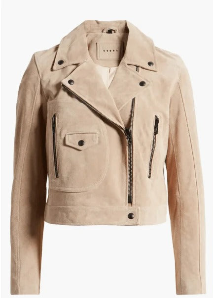 Women's Tan Beige Suede Biker Leather Jacket - AMSEL LEATHERS