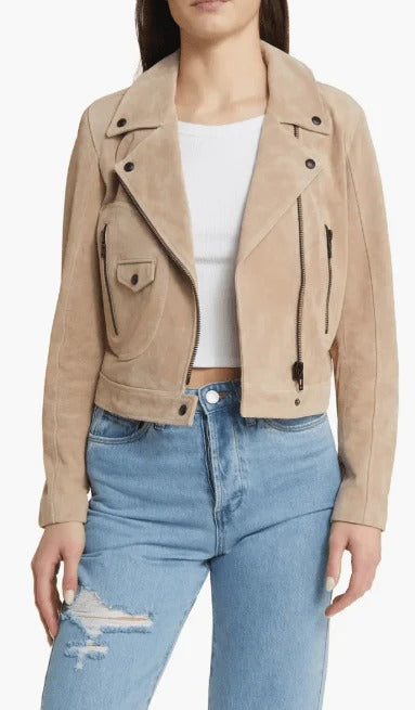 Women's Tan Beige Suede Biker Leather Jacket - AMSEL LEATHERS