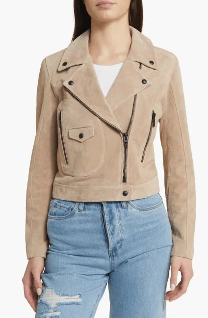 Women's Tan Beige Suede Biker Leather Jacket - AMSEL LEATHERS