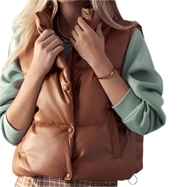 Women's Tan Brown Puffer Leather Vest - AMSEL LEATHERS