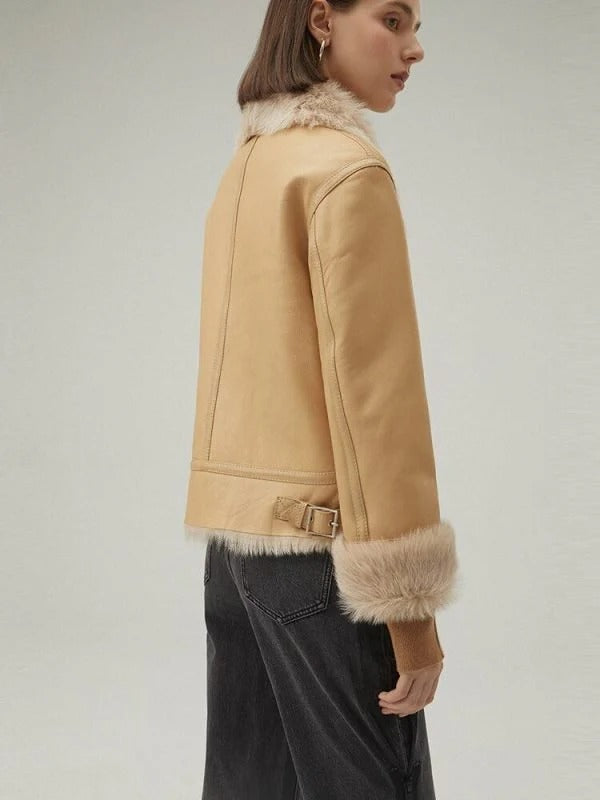 Women's Tan Brown Shearling Bomber Leather Jacket - AMSEL LEATHERS