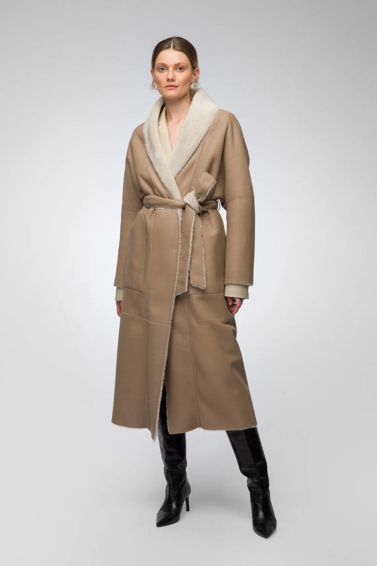 Women's Tan Brown Shearling Leather Coat With Belted Waist - AMSEL LEATHERS