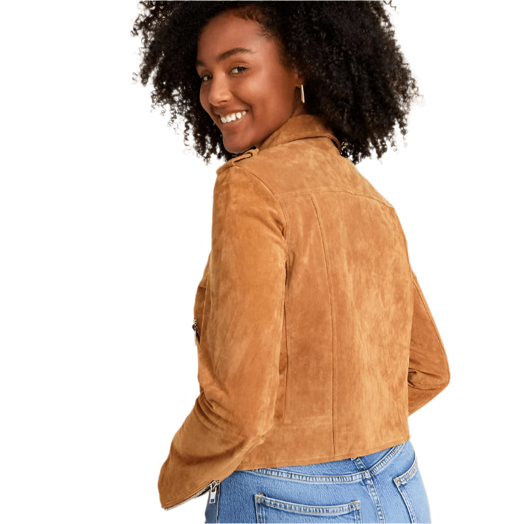 Women's Tan Brown Suede Biker Leather Jacket - AMSEL LEATHERS