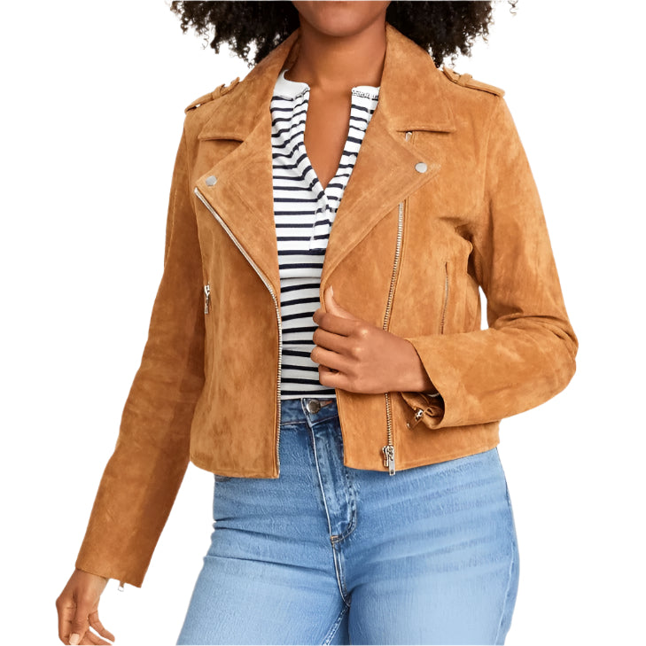 Women's Tan Brown Suede Biker Leather Jacket - AMSEL LEATHERS