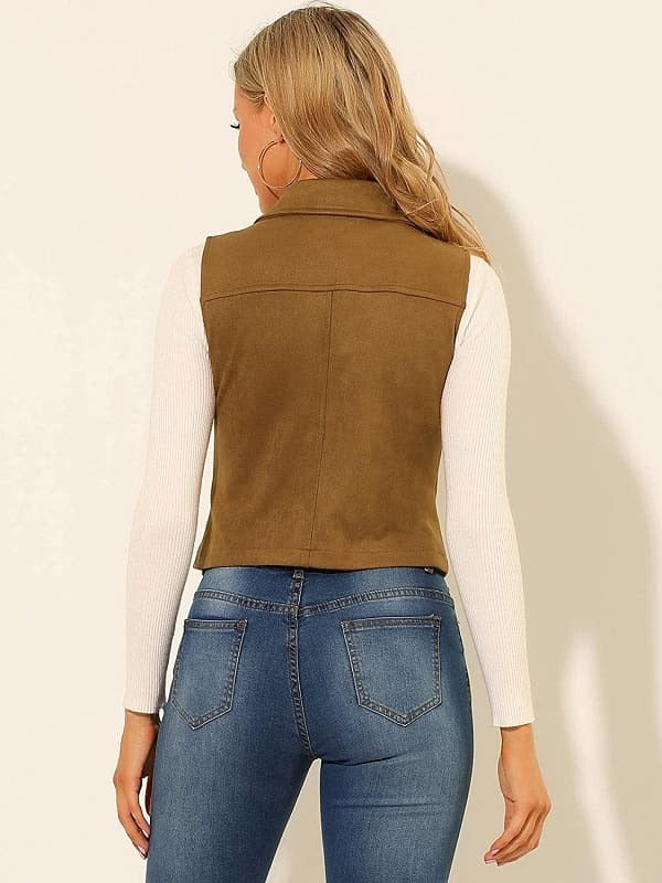 Women's Tan Brown Suede Leather Biker Vest - AMSEL LEATHERS