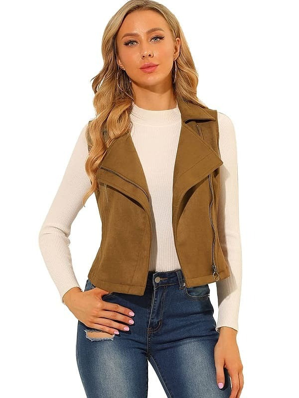 Women's Tan Brown Suede Leather Biker Vest - AMSEL LEATHERS