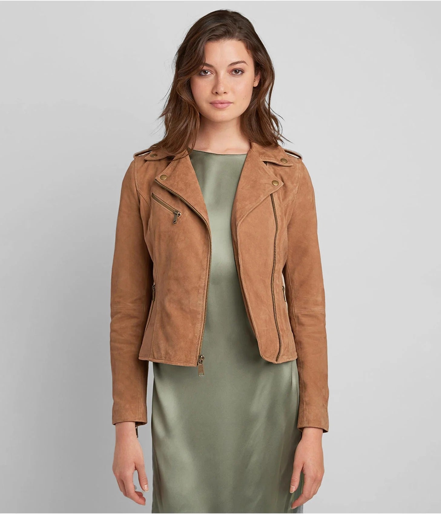 Women's Tan Brown Suede Leather Moto Jacket - AMSEL LEATHERS