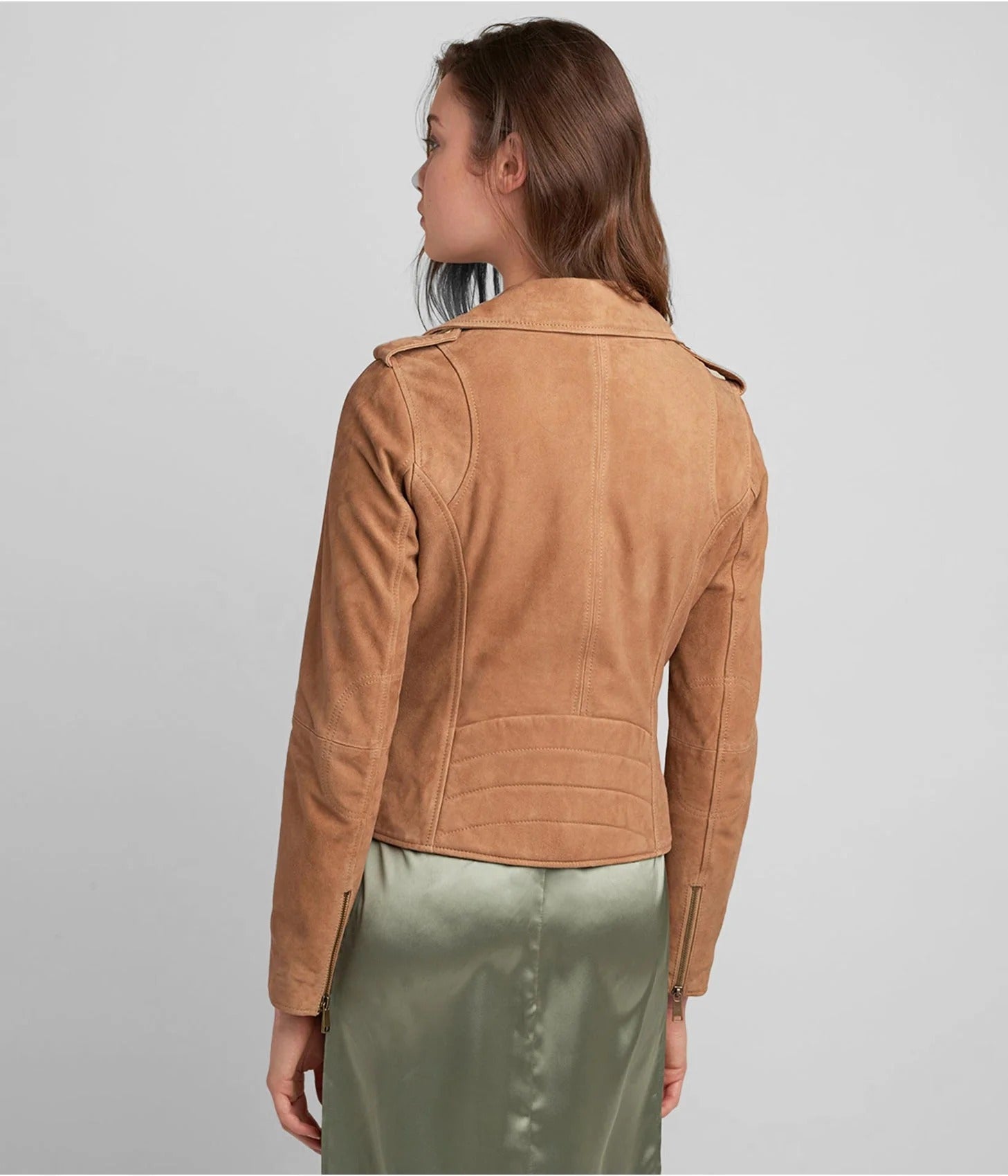 Women's Tan Brown Suede Leather Moto Jacket - AMSEL LEATHERS