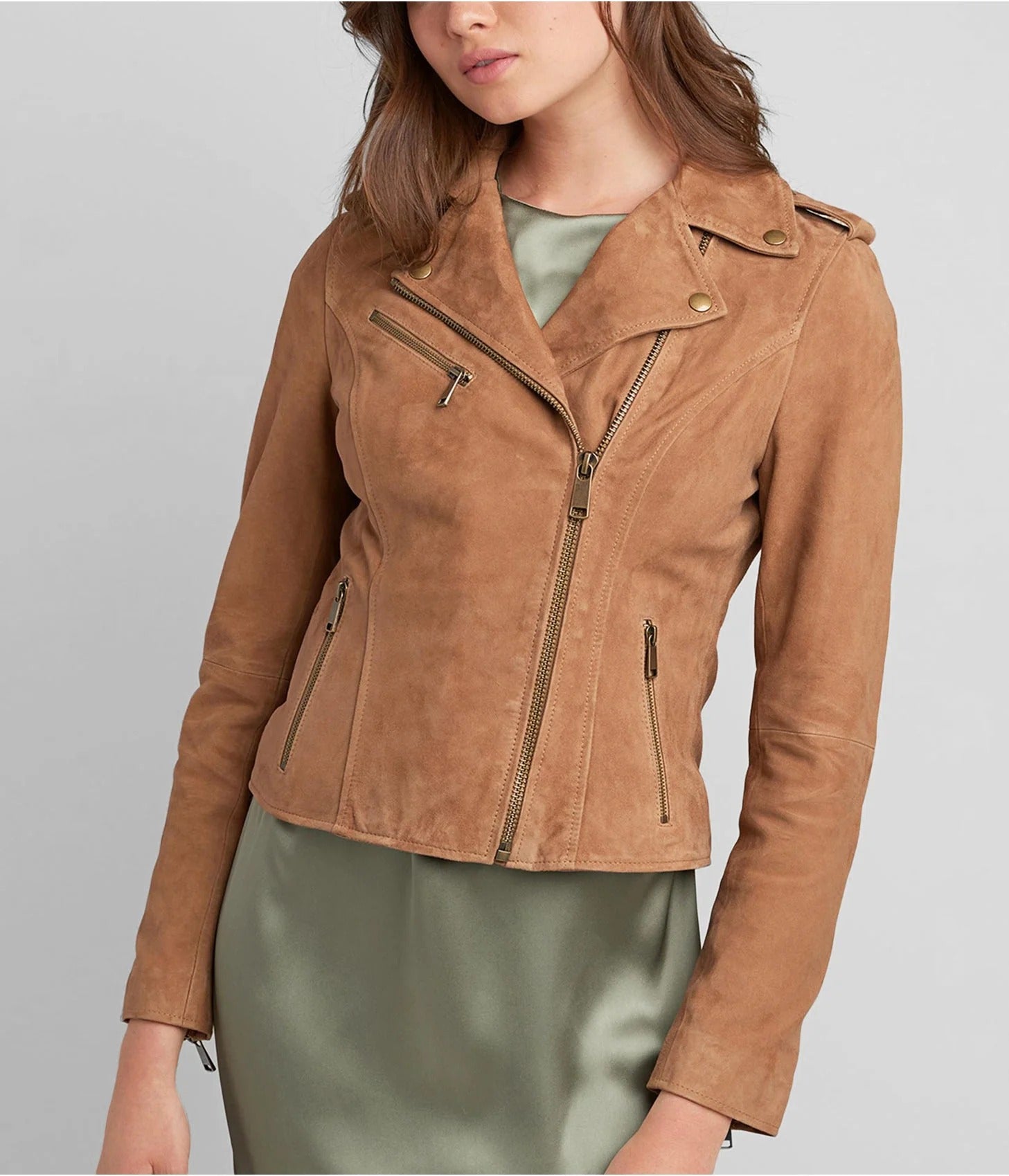 Women's Tan Brown Suede Leather Moto Jacket - AMSEL LEATHERS