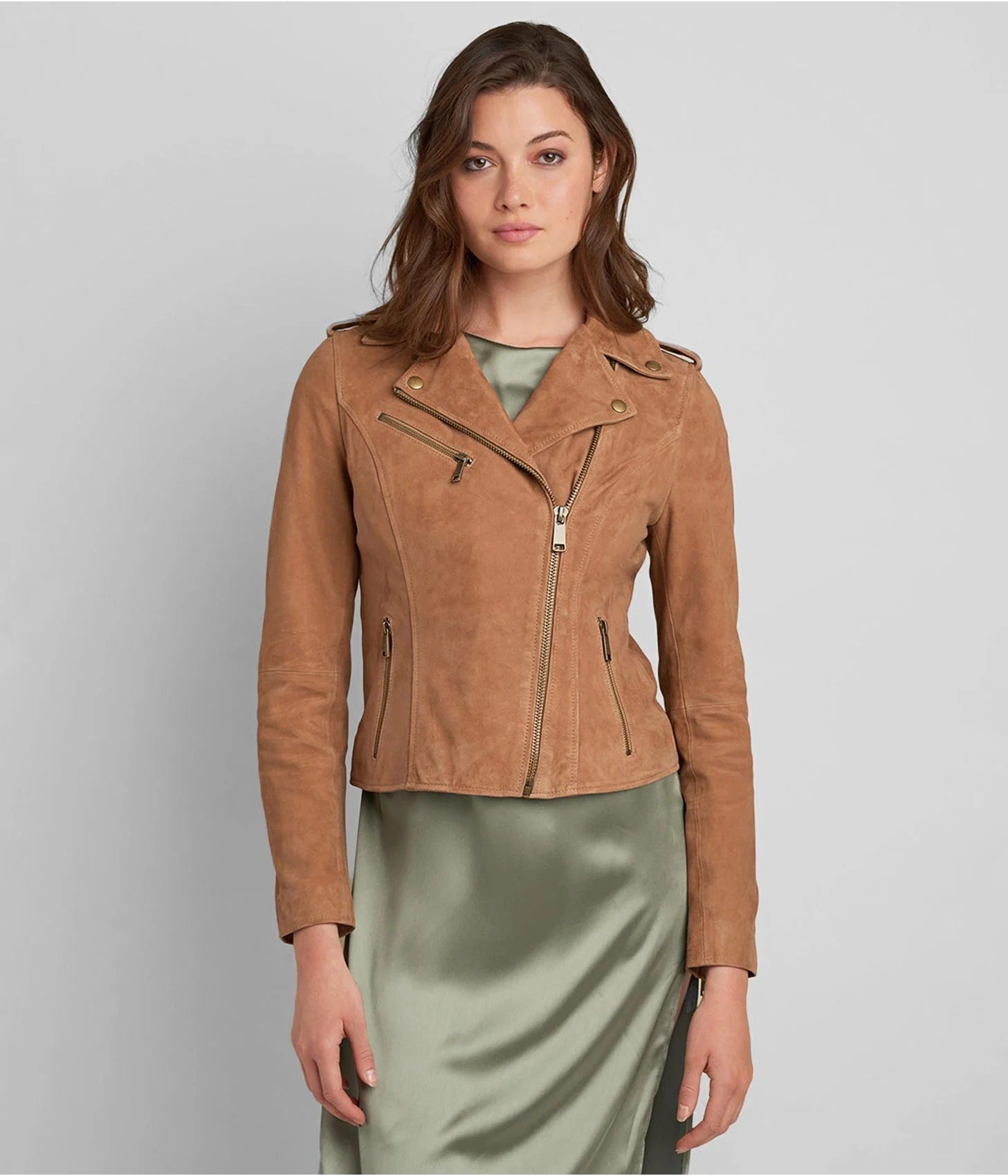 Women's Tan Brown Suede Leather Moto Jacket - AMSEL LEATHERS