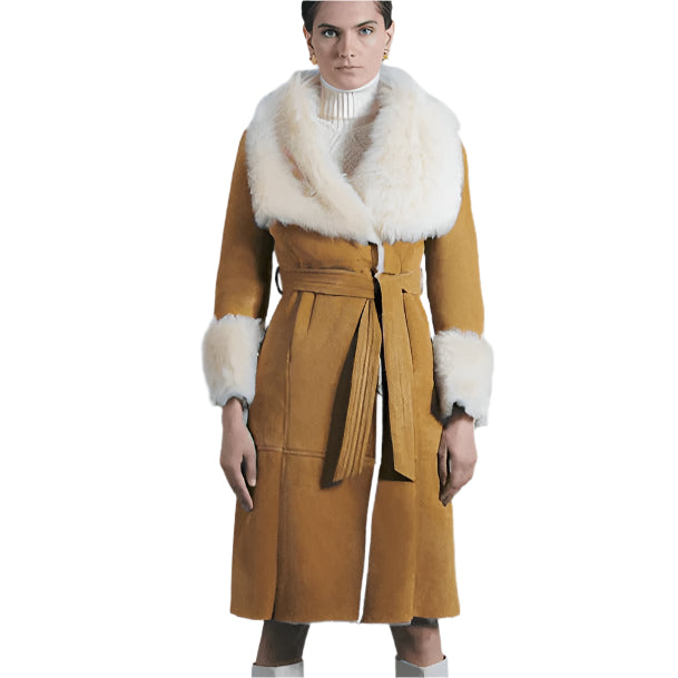 Women's Tan Brown Suede Leather Shearling Coat - AMSEL LEATHERS