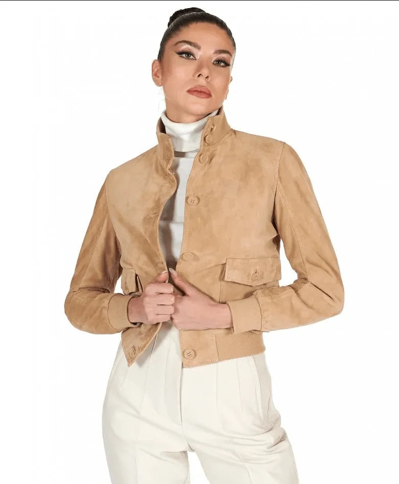 Women's Tan Brown Trucker Suede Leather Jacket - AMSEL LEATHERS