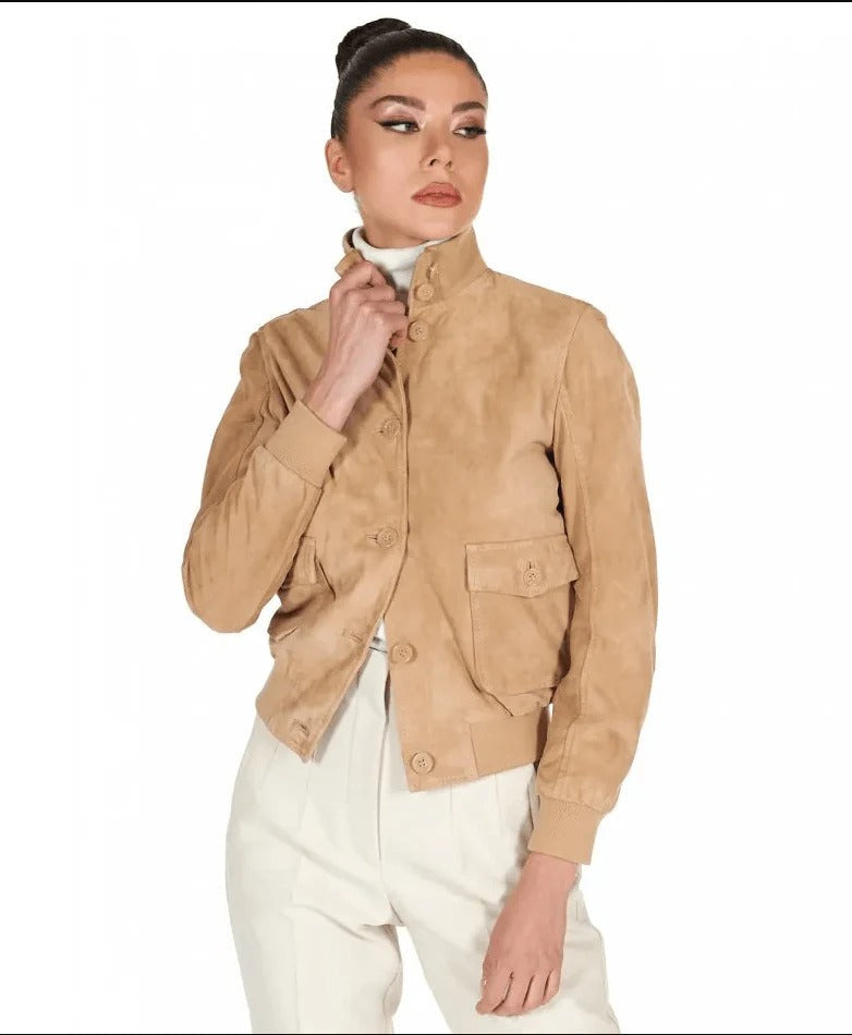 Women's Tan Brown Trucker Suede Leather Jacket - AMSEL LEATHERS