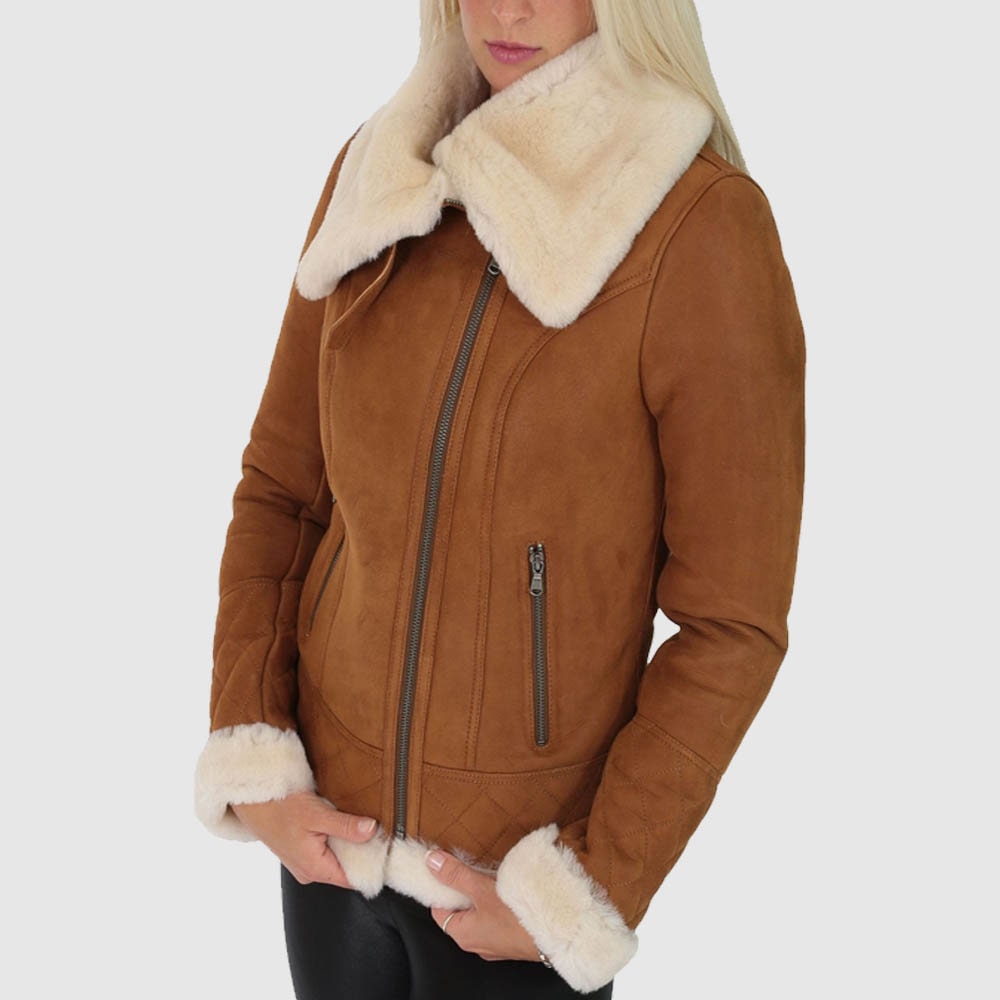 Women's Tan Shearling Leather Jacket - AMSEL LEATHERS