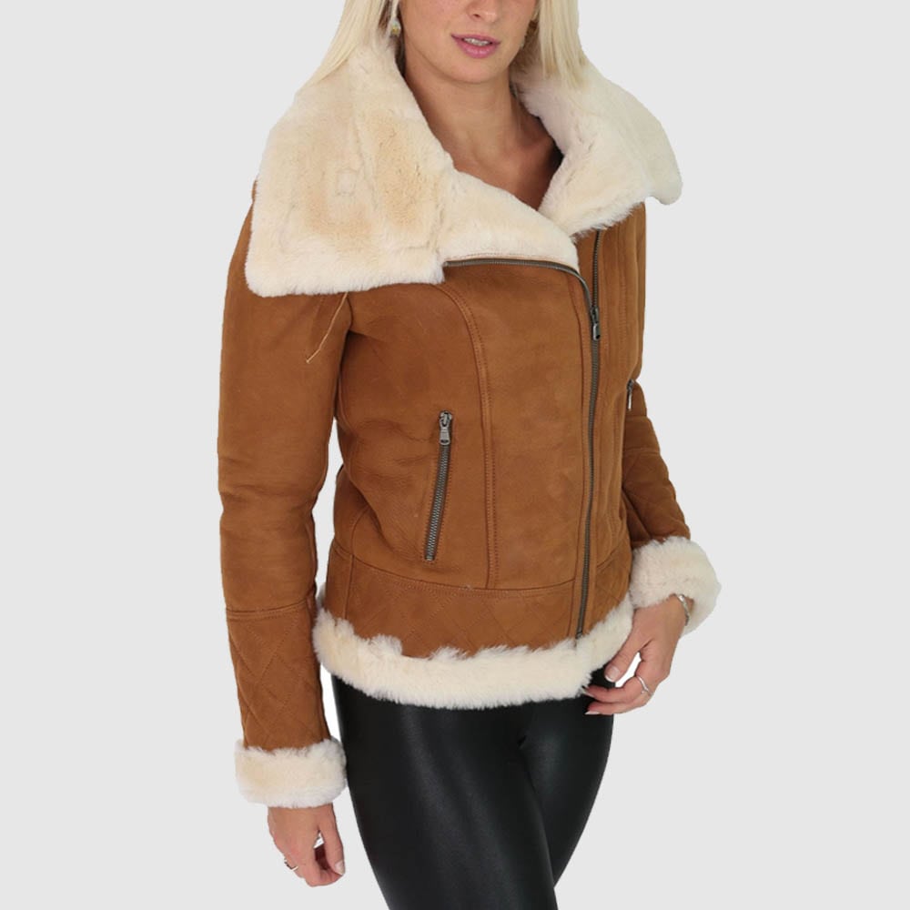 Women's Tan Shearling Leather Jacket - AMSEL LEATHERS