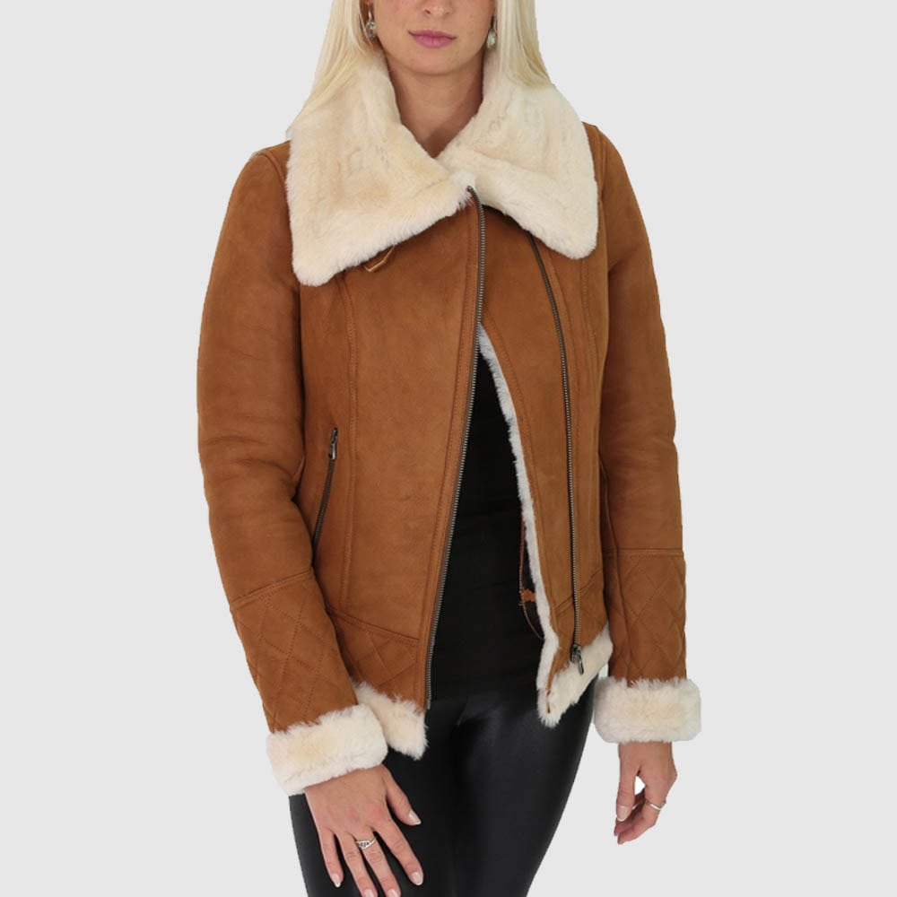 Women's Tan Shearling Leather Jacket - AMSEL LEATHERS