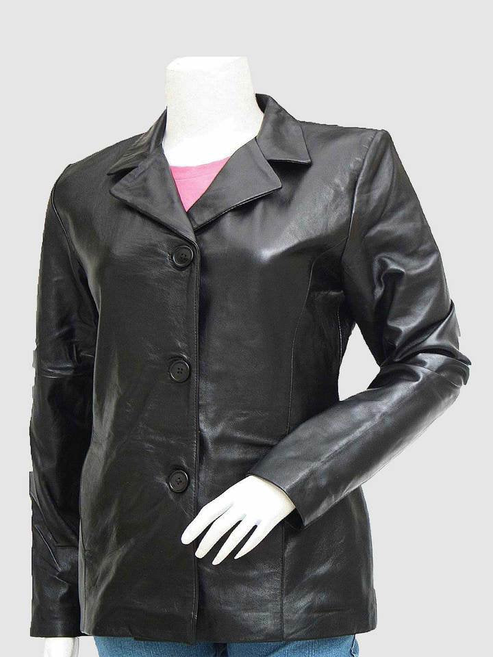 New Design Women's Three-Button Black Leather Blazer Coat - AMSEL LEATHERS