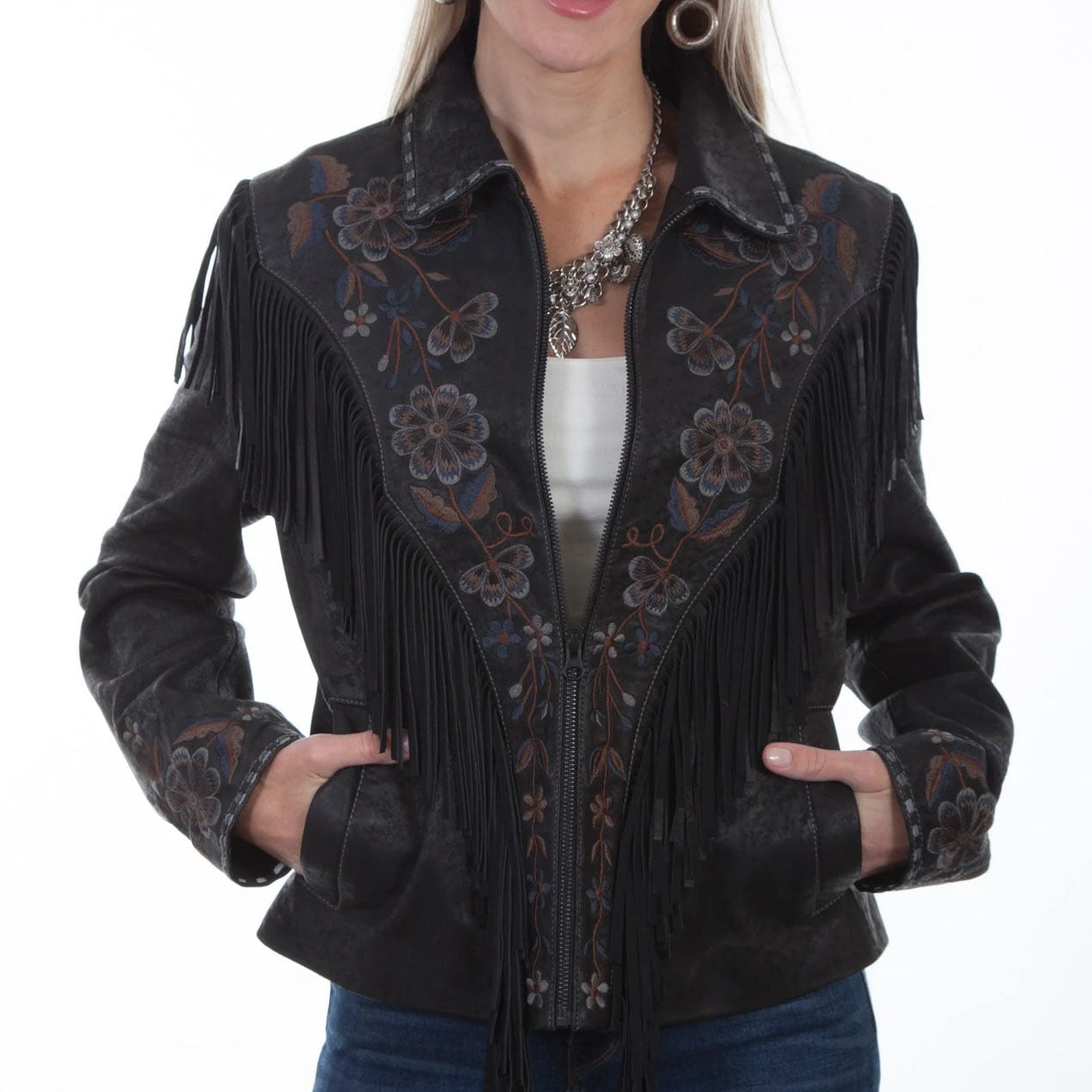 Women's Vintage Black Suede Fringe Jacket - AMSEL LEATHERS