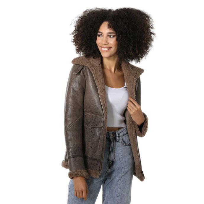 Women's Vintage Sheepskin Bomber Jacket with Cashmere Fur - AMSEL LEATHERS