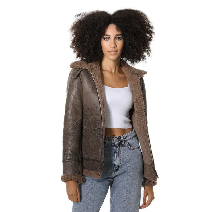 Women's Vintage Sheepskin Bomber Jacket with Cashmere Fur - AMSEL LEATHERS