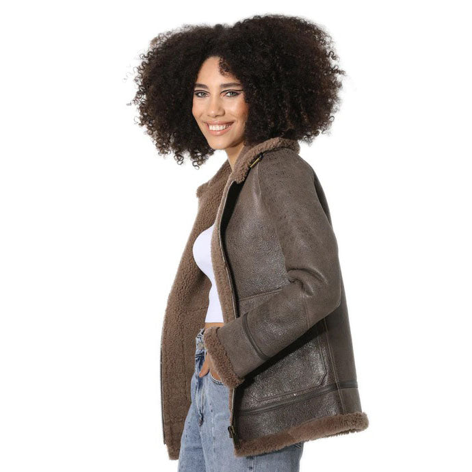 Women's Vintage Sheepskin Bomber Jacket with Cashmere Fur - AMSEL LEATHERS