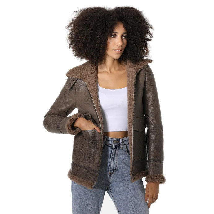 Women's Vintage Sheepskin Bomber Jacket with Cashmere Fur - AMSEL LEATHERS