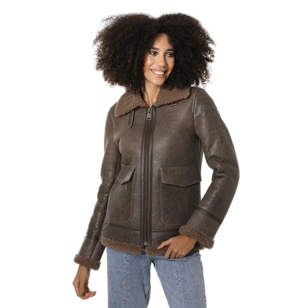 Women's Vintage Sheepskin Bomber Jacket with Cashmere Fur - AMSEL LEATHERS