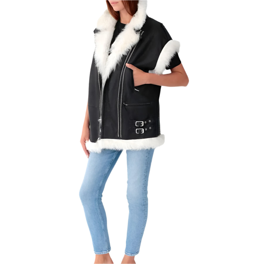 Women's White Fur Leather Biker Vest In Black - AMSEL LEATHERS