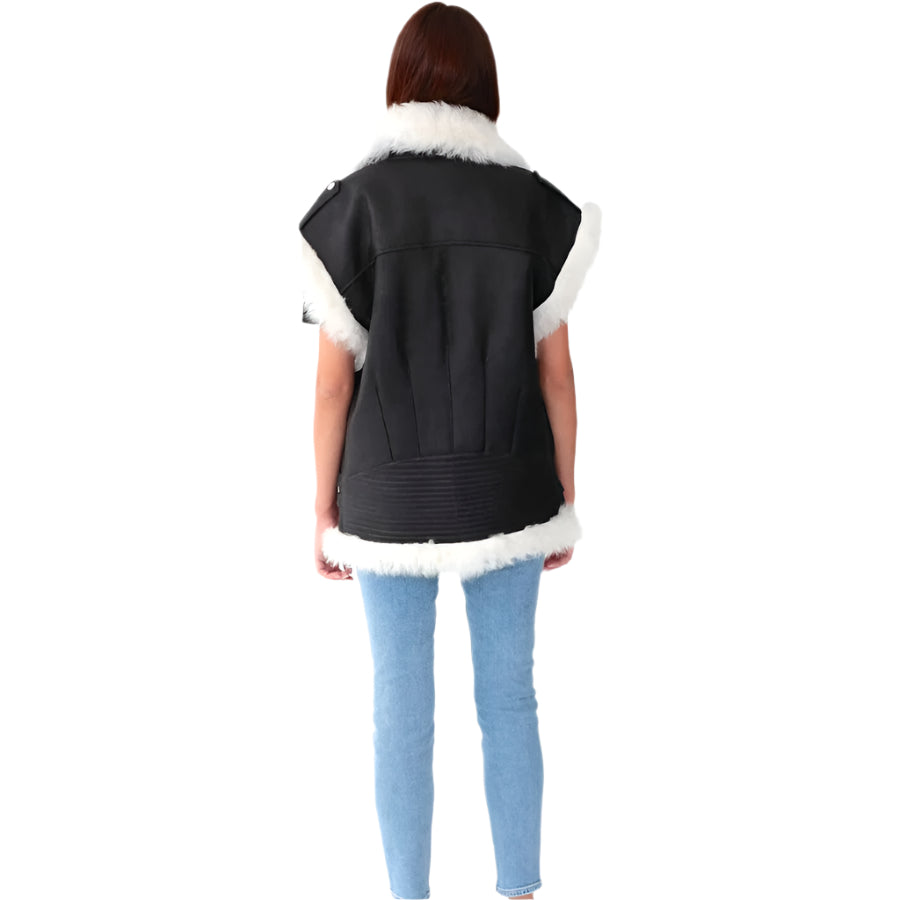 Women's White Fur Leather Biker Vest In Black - AMSEL LEATHERS