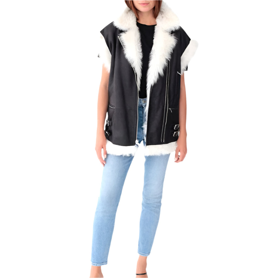 Women's White Fur Leather Biker Vest In Black - AMSEL LEATHERS