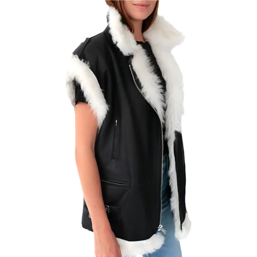 Women's White Fur Leather Biker Vest In Black - AMSEL LEATHERS