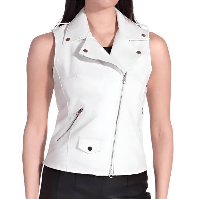 Women's White Leather Biker Vest - AMSEL LEATHERS