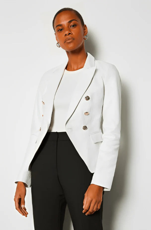 Women's White Leather Blazer With Silver Buttons - AMSEL LEATHERS