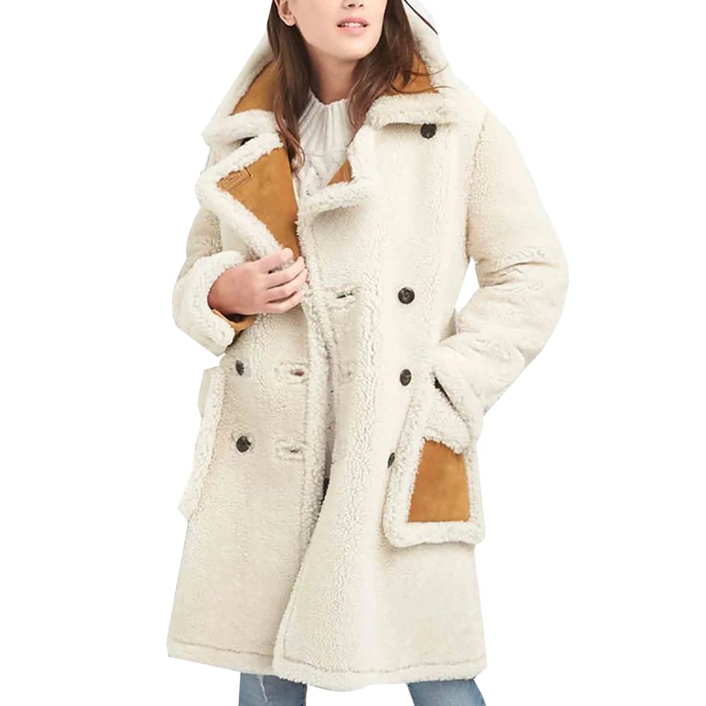 Double Breasted White Shearling Coat for Women - AMSEL LEATHERS