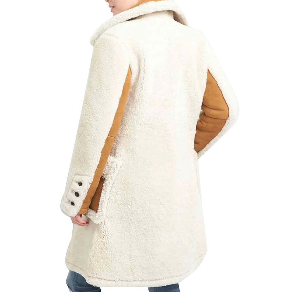 Double Breasted White Shearling Coat for Women - AMSEL LEATHERS