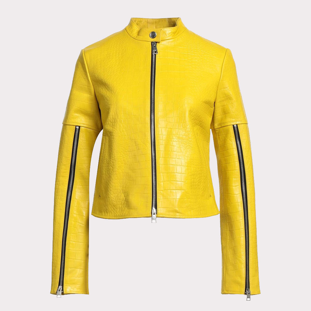 Yellow Croc-Embossed Leather Jacket for Women - AMSEL LEATHERS