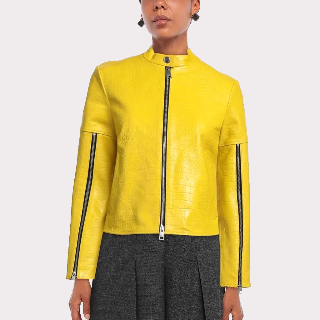 Yellow Croc-Embossed Leather Jacket for Women - AMSEL LEATHERS