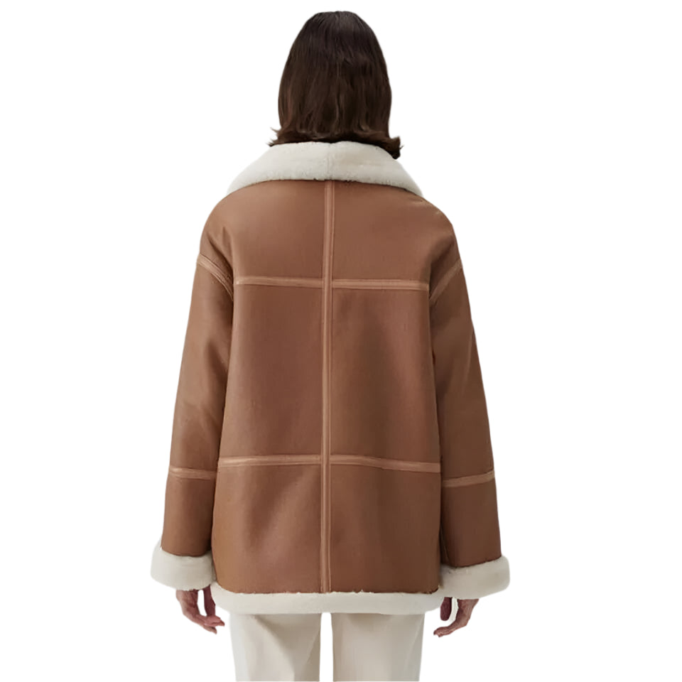 Women's Genuine Sheepskin Brown Aviator Shearling Jacket Coat - AMSEL LEATHERS