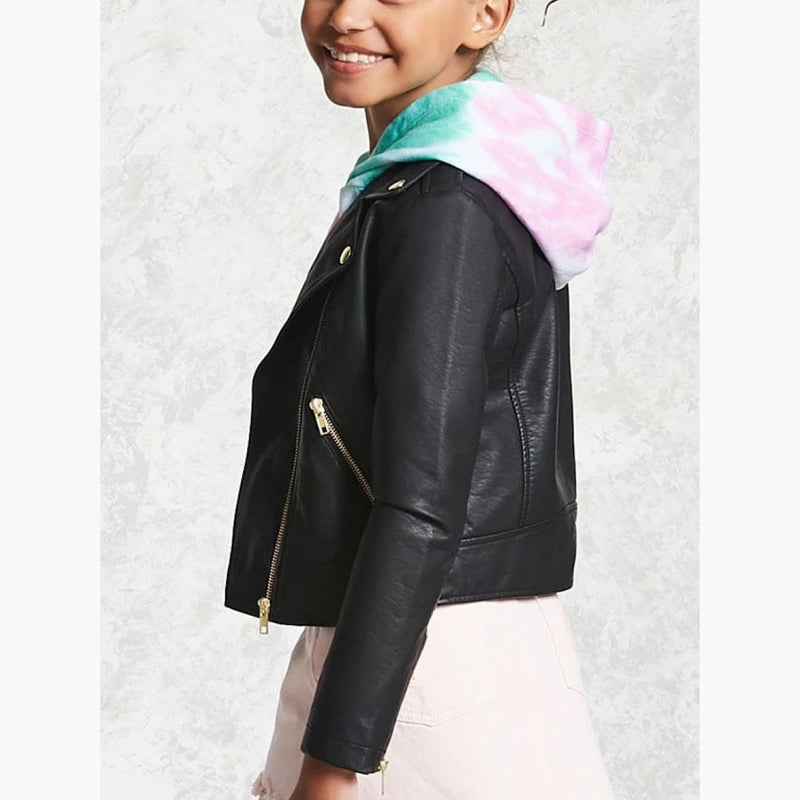 Zipper Front Black Leather Moto Jacket for Girls - AMSEL LEATHERS