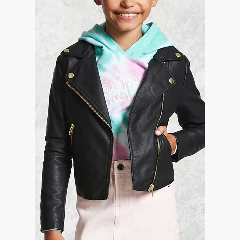 Zipper Front Black Leather Moto Jacket for Girls - AMSEL LEATHERS